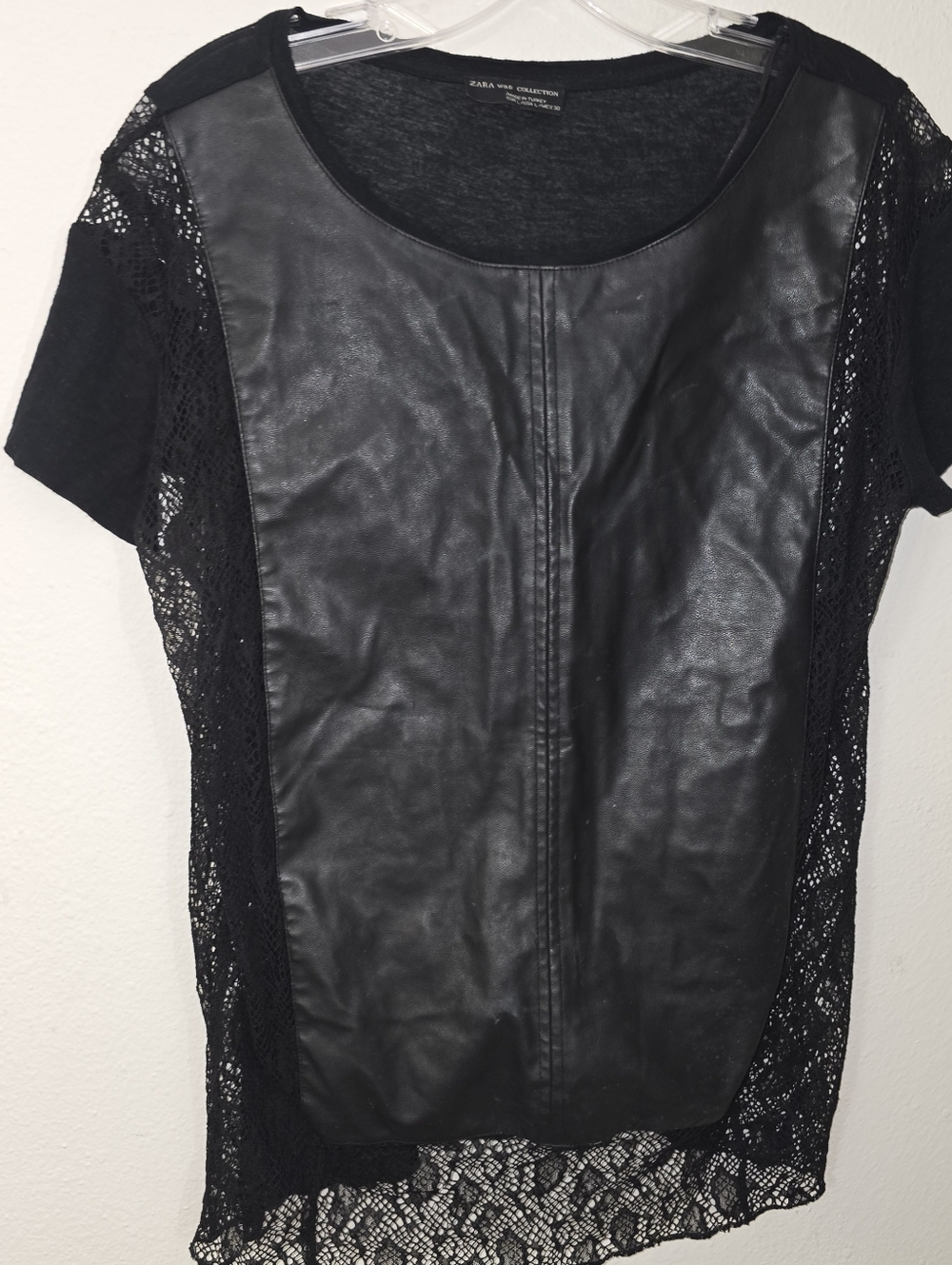 Zara W&B Collection Black Faux Leather Lace Overlay Top Large